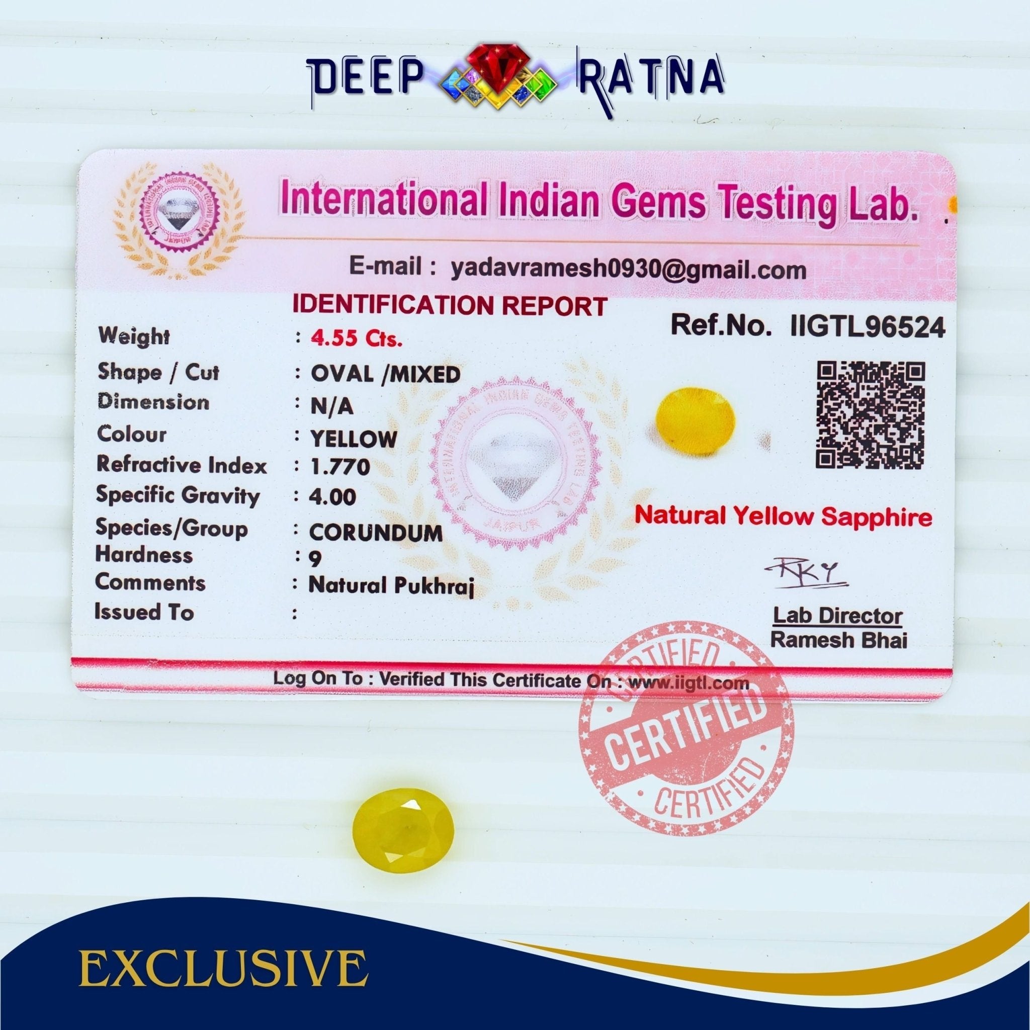 Yellow Sapphire 4.55 Carat (Thailand) - Deep Ratna