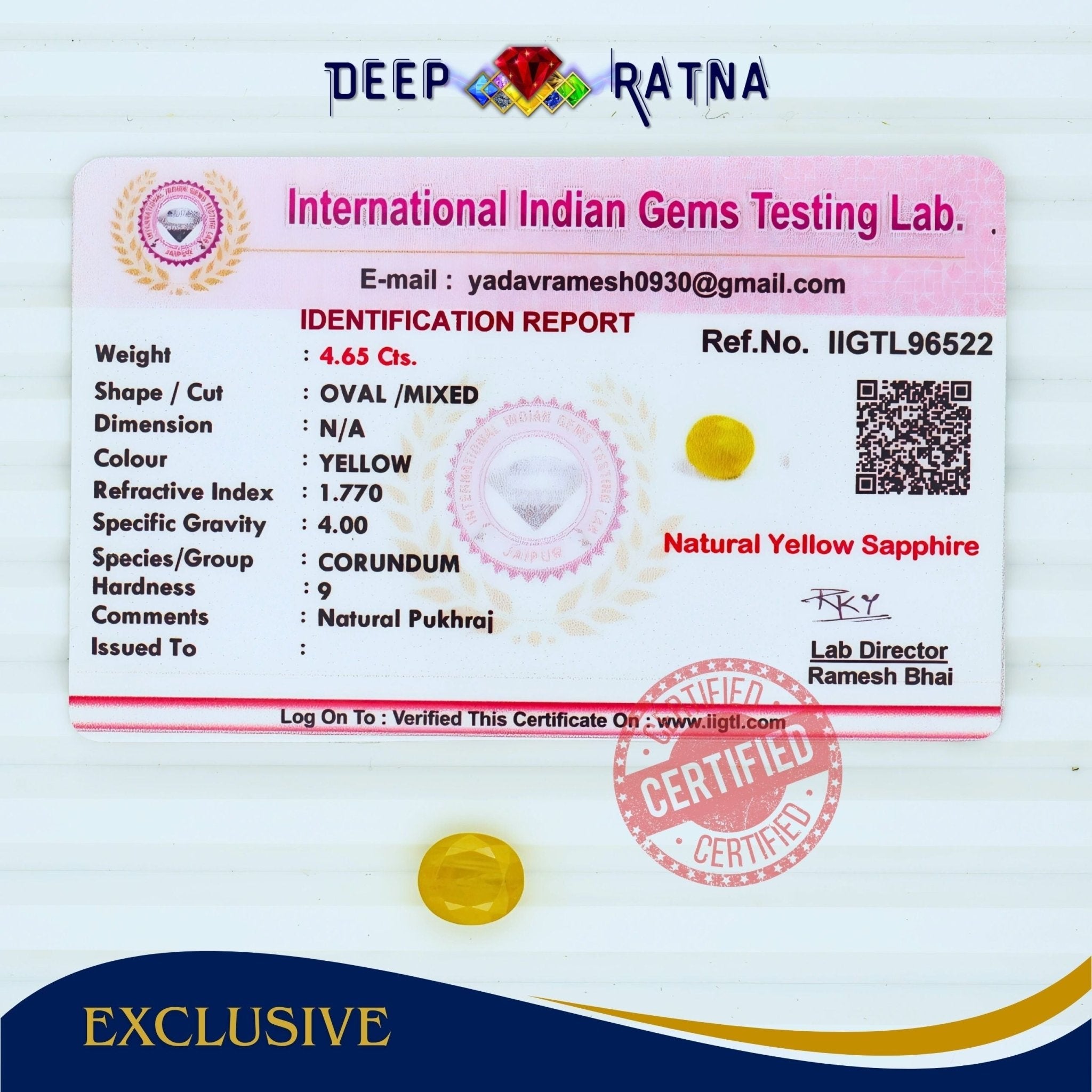 Yellow Sapphire 4.65 Carat (Thailand) - Deep Ratna
