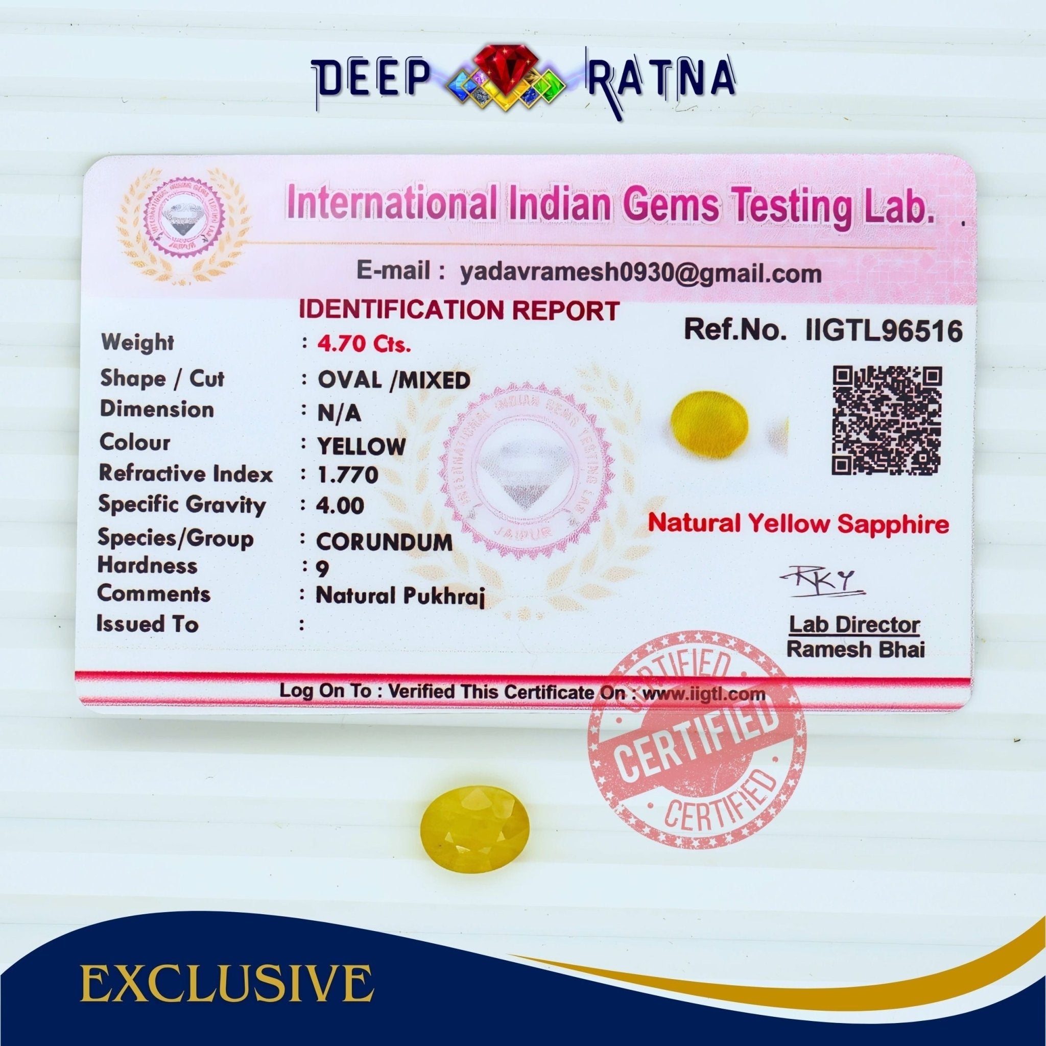 Yellow Sapphire 4.70 Carat (Thailand) - Deep Ratna