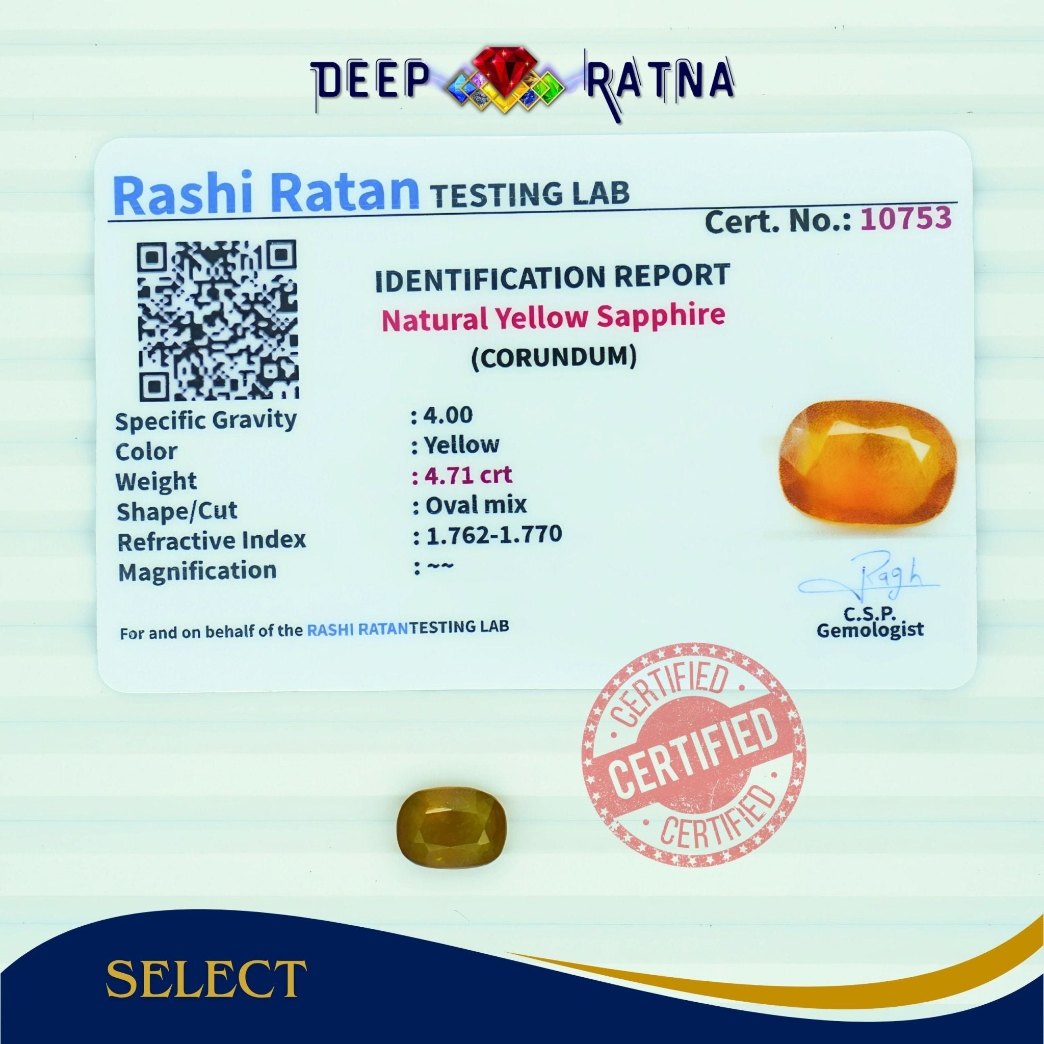 Yellow Sapphire 4.71 Carat (Thailand) - Deep Ratna