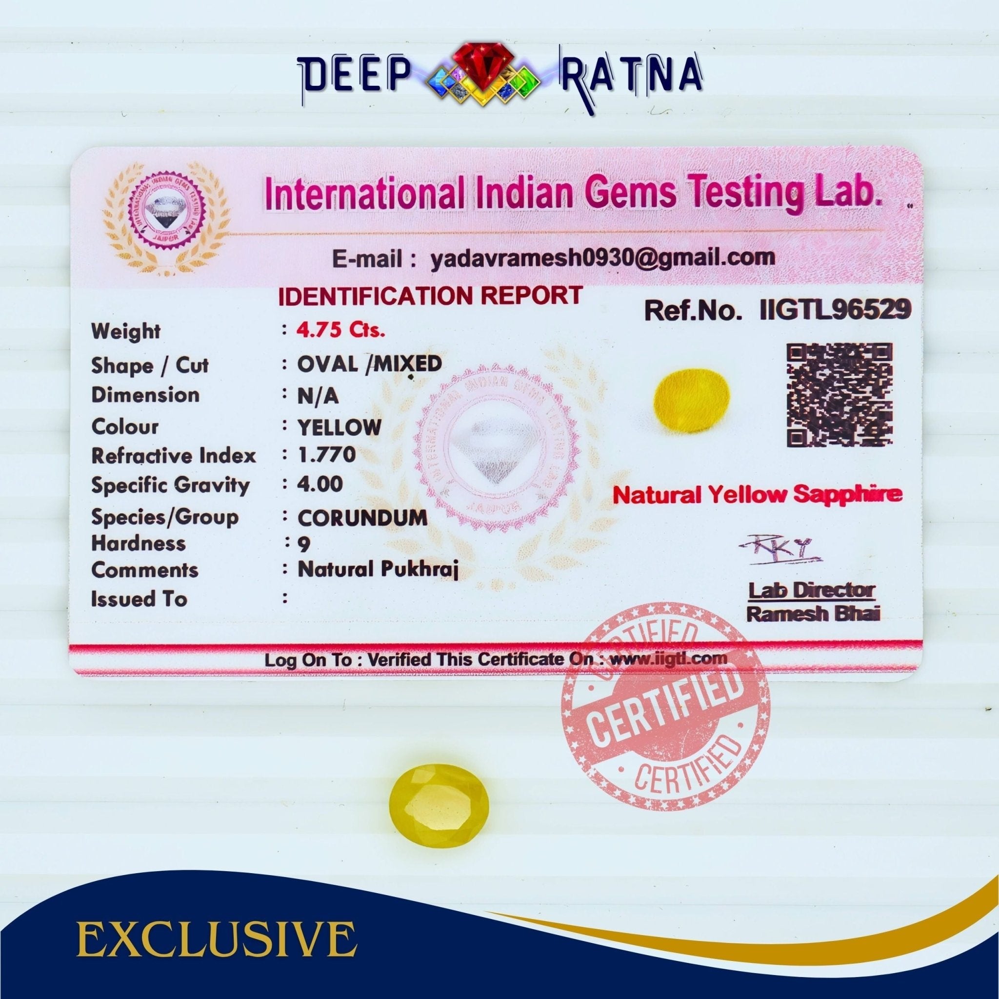Yellow Sapphire 4.75 Carat (Thailand) - Deep Ratna