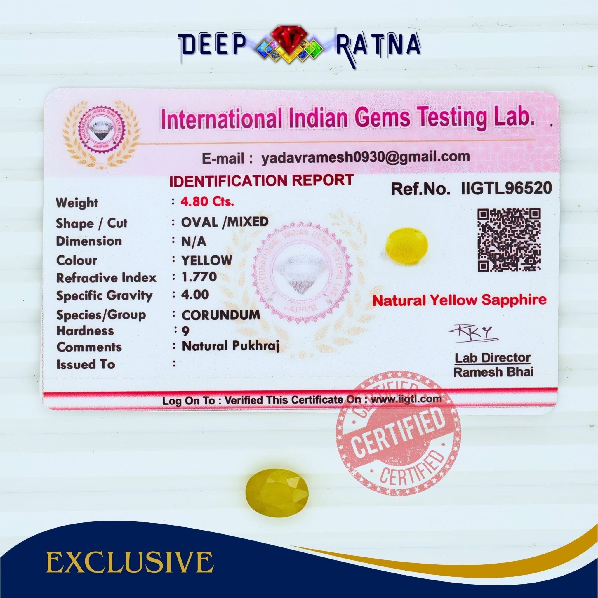 Yellow Sapphire 4.80 Carat (Thailand) - Deep Ratna