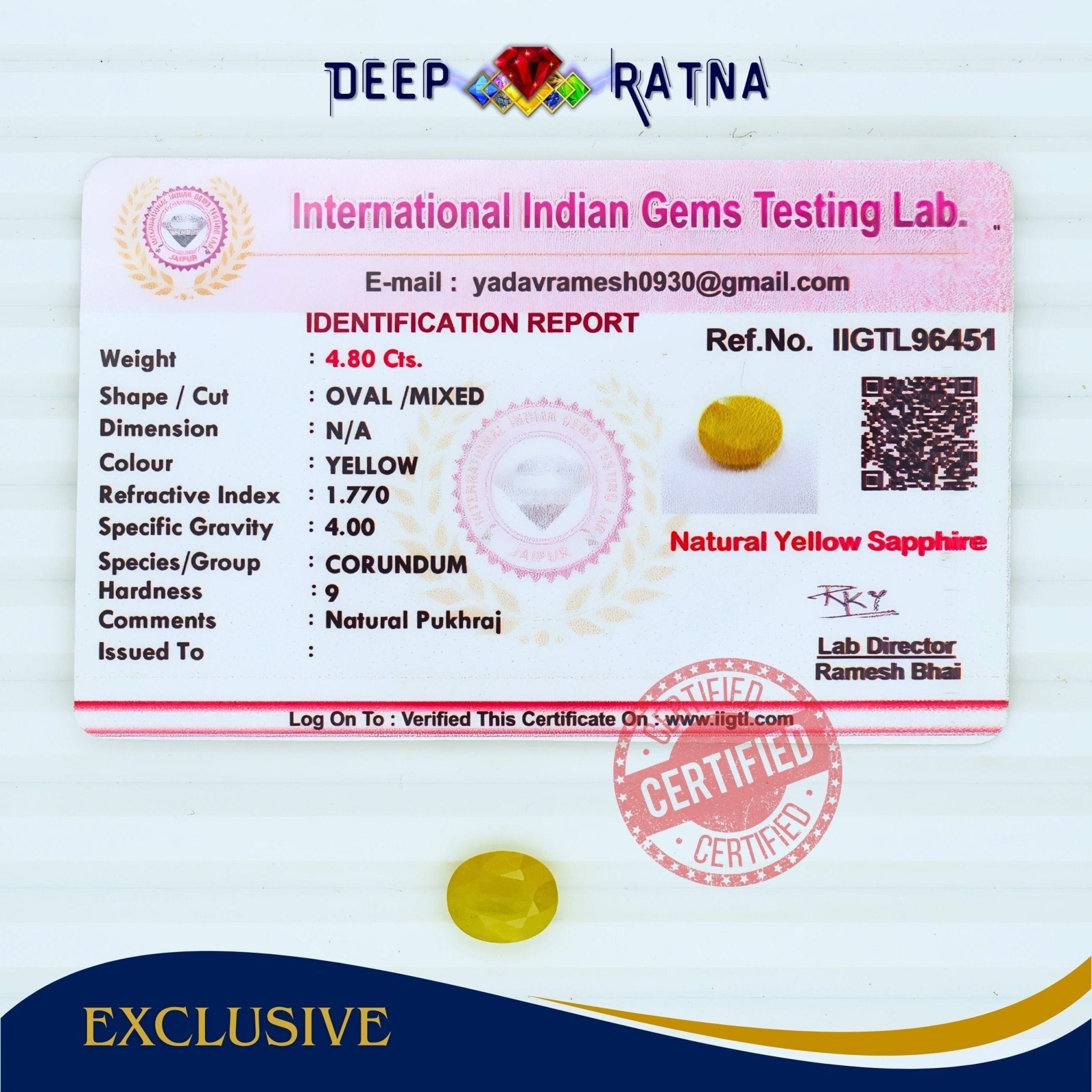 Yellow Sapphire 4.80 Carat (Thailand) - Deep Ratna