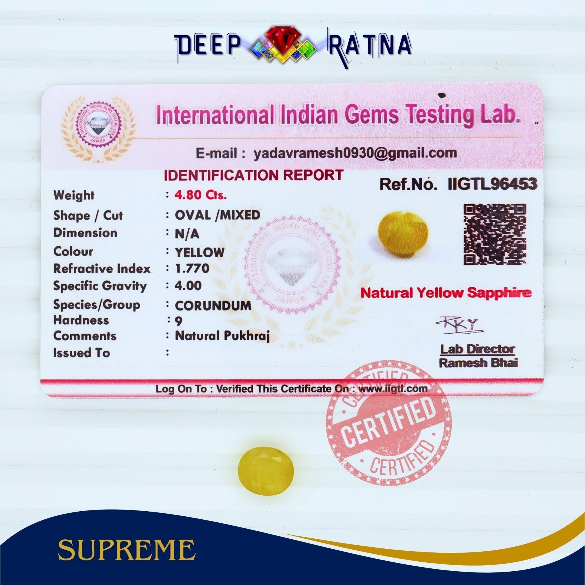 Yellow Sapphire 4.80 Carat (Thailand) - Deep Ratna
