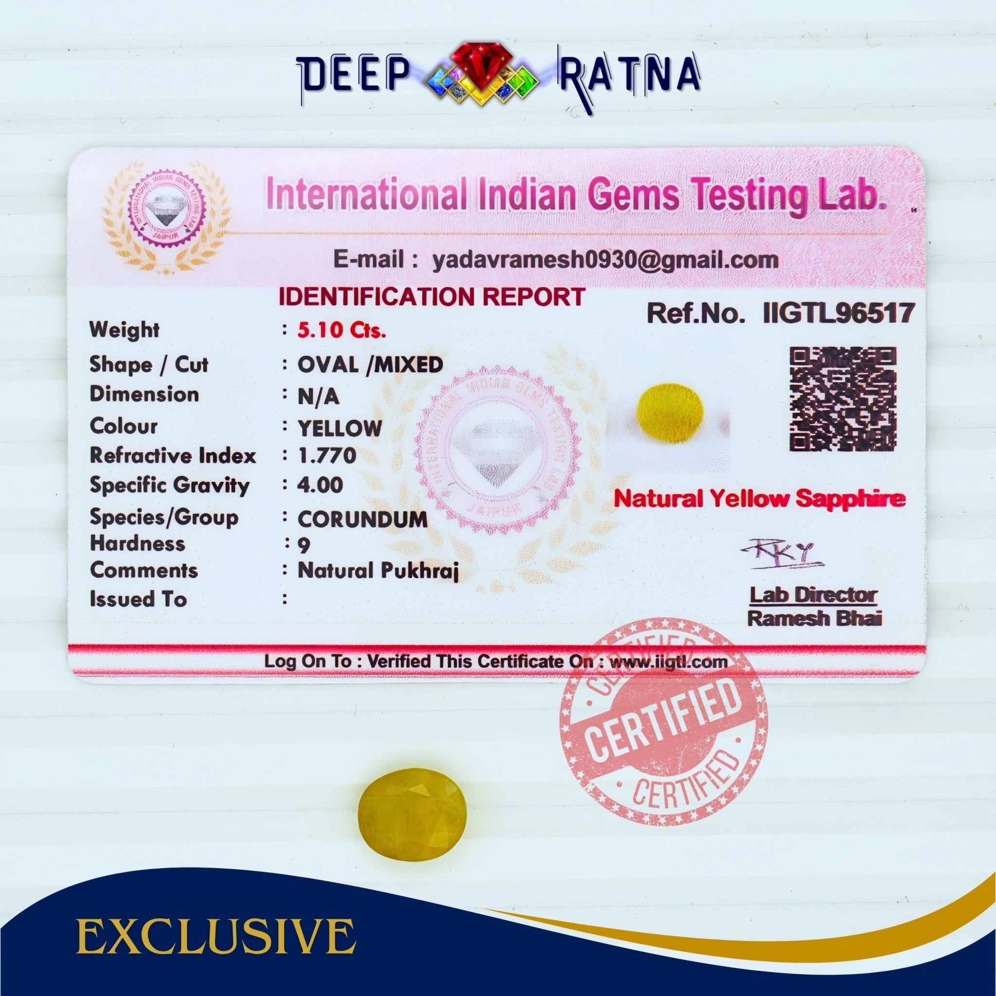 Yellow Sapphire 5.10 Carat (Thailand) - Deep Ratna