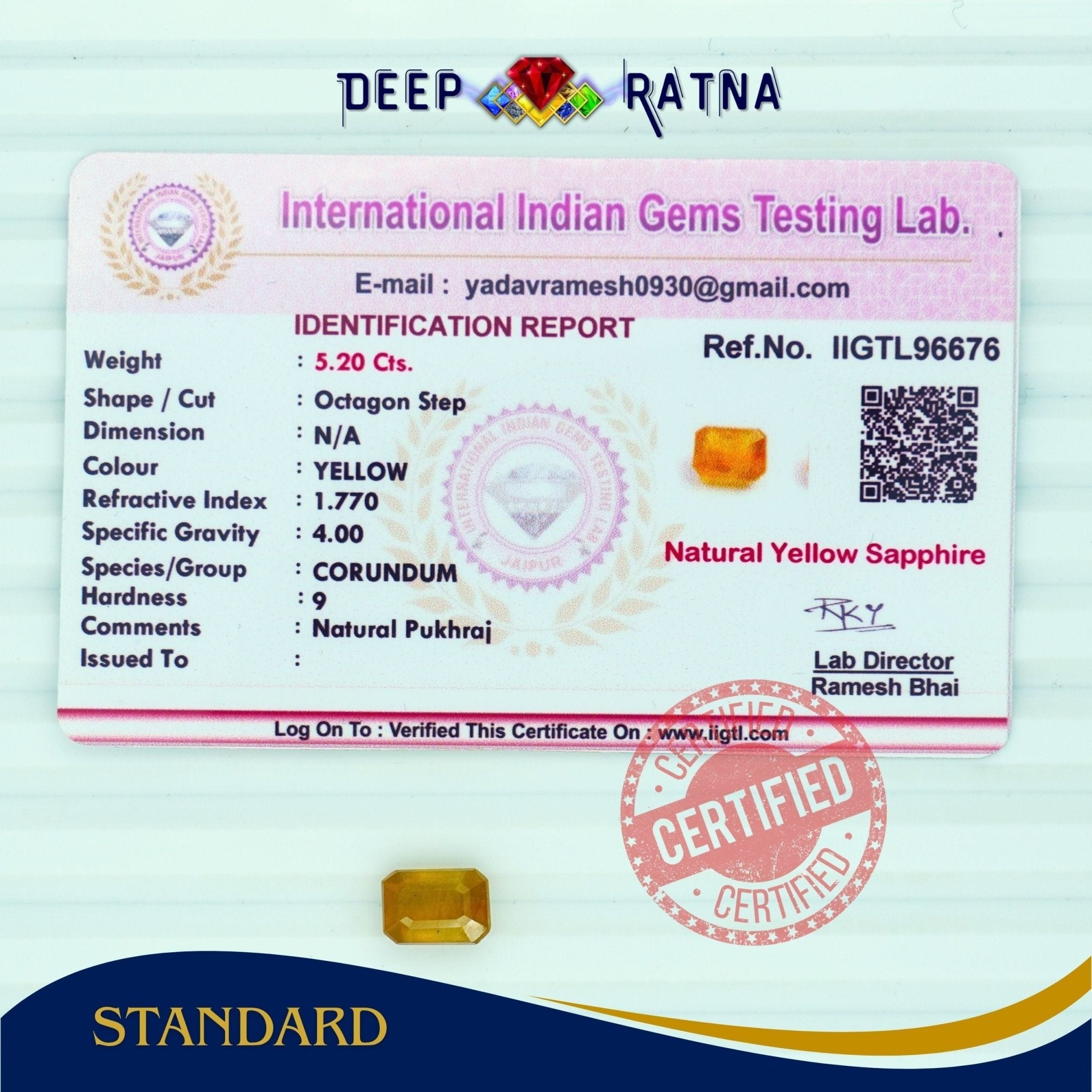 Yellow Sapphire 5.20 Carat (Thailand) - Deep Ratna