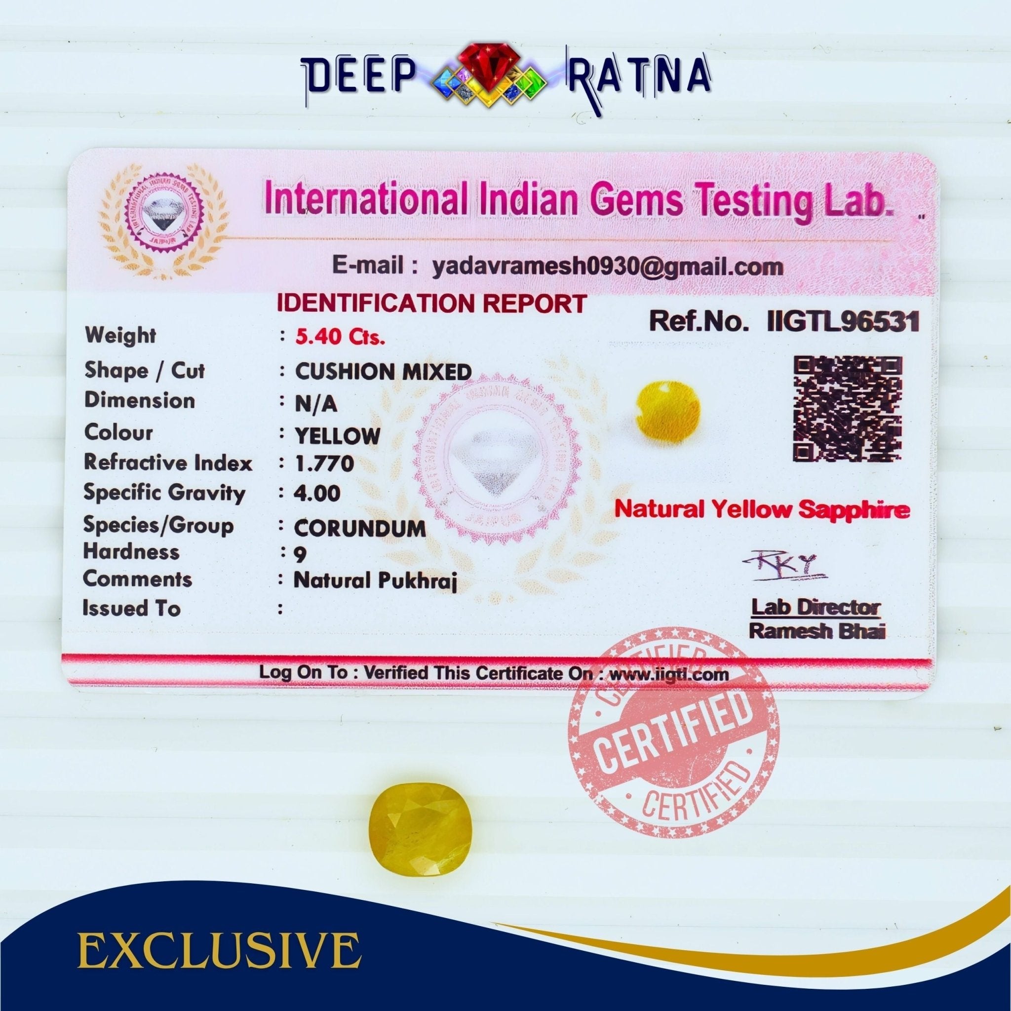 Yellow Sapphire 5.40 Carat (Thailand) - Deep Ratna