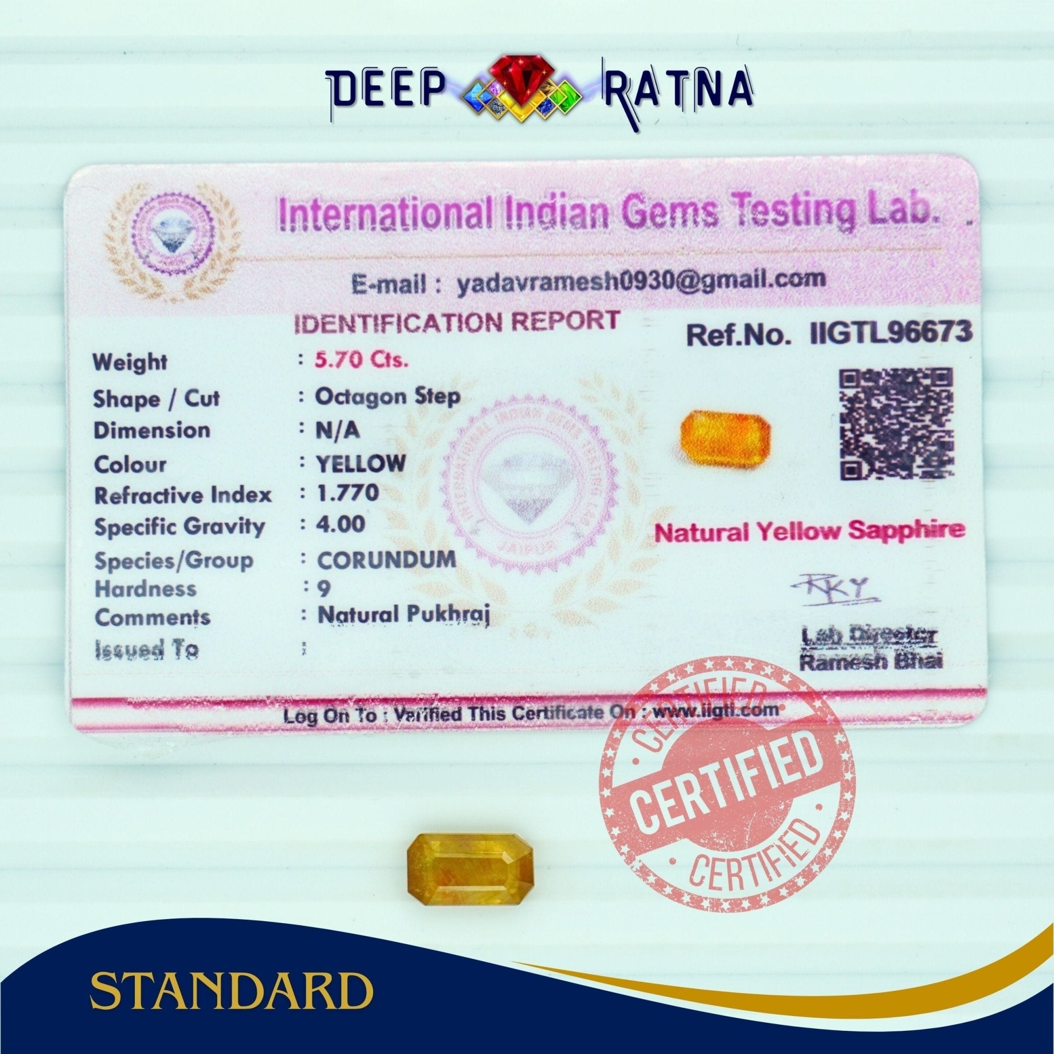 Yellow Sapphire 5.70 Carat (Thailand) - Deep Ratna