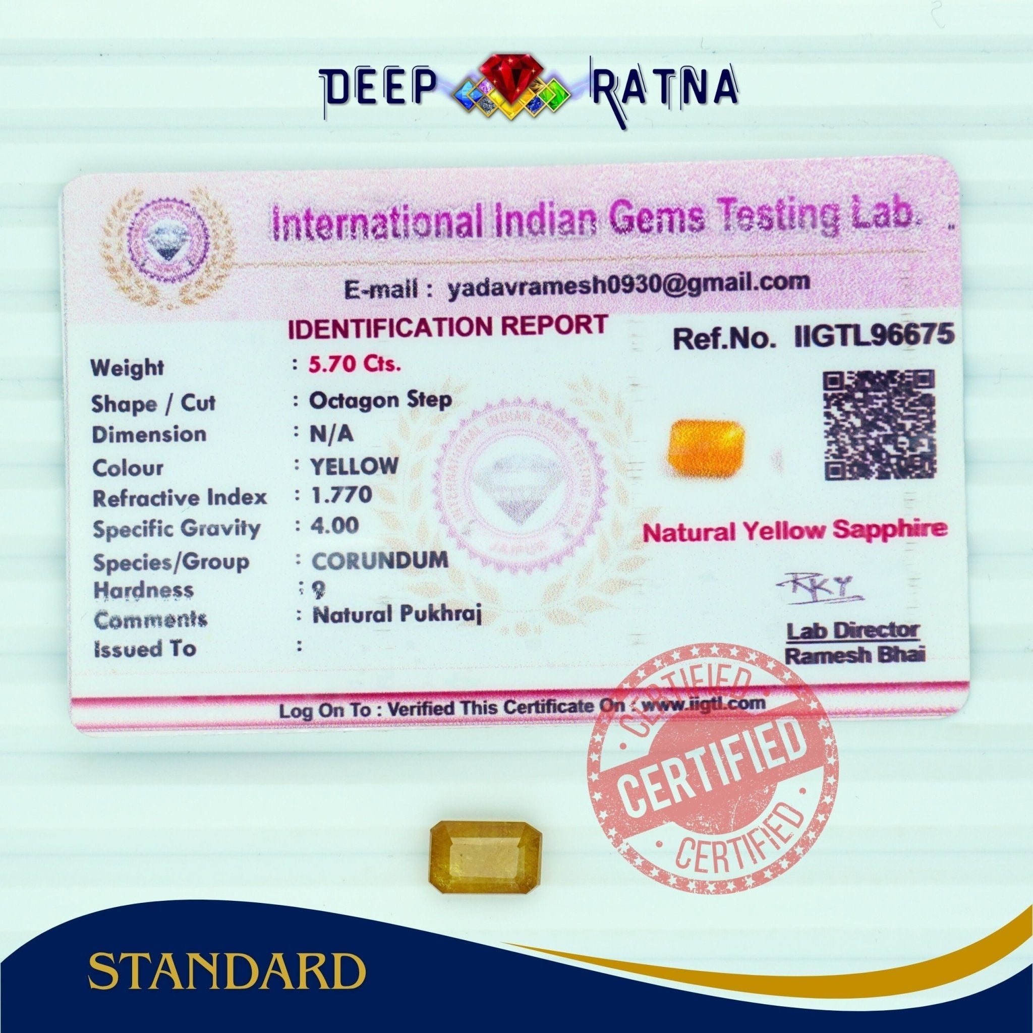 Yellow Sapphire 5.70 Carat (Thailand) - Deep Ratna