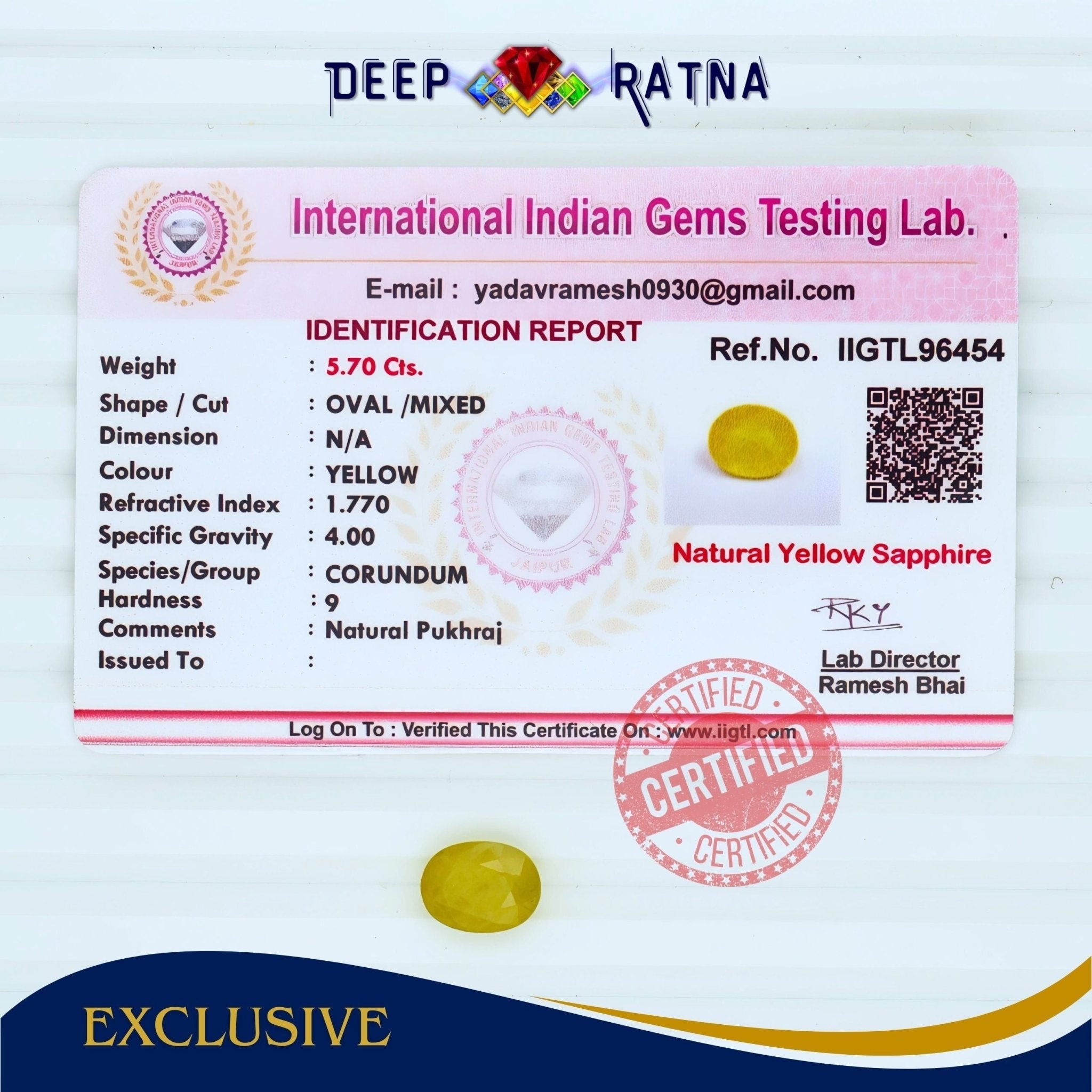 Yellow Sapphire 5.70 Carat (Thailand) - Deep Ratna