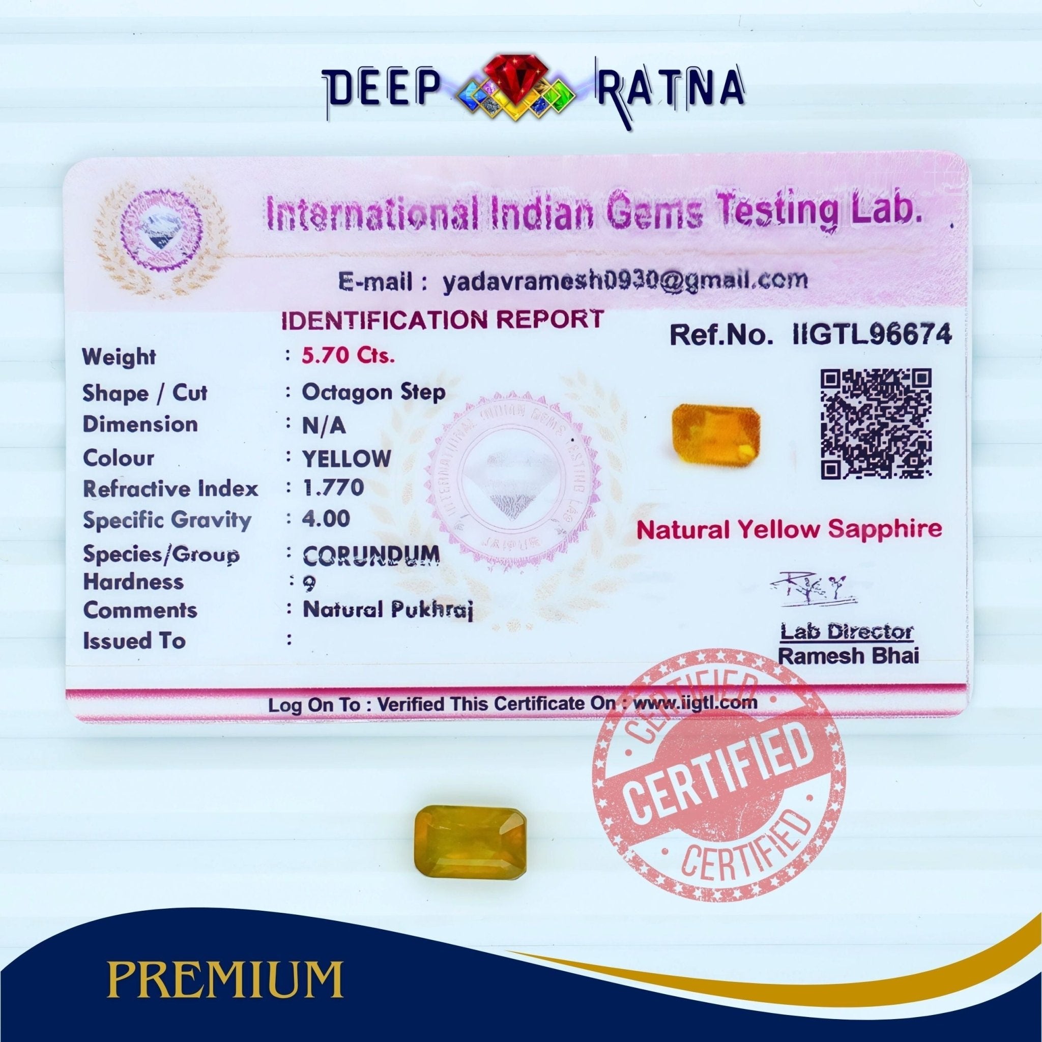 Yellow Sapphire 5.70 Carat (Thailand) - Deep Ratna