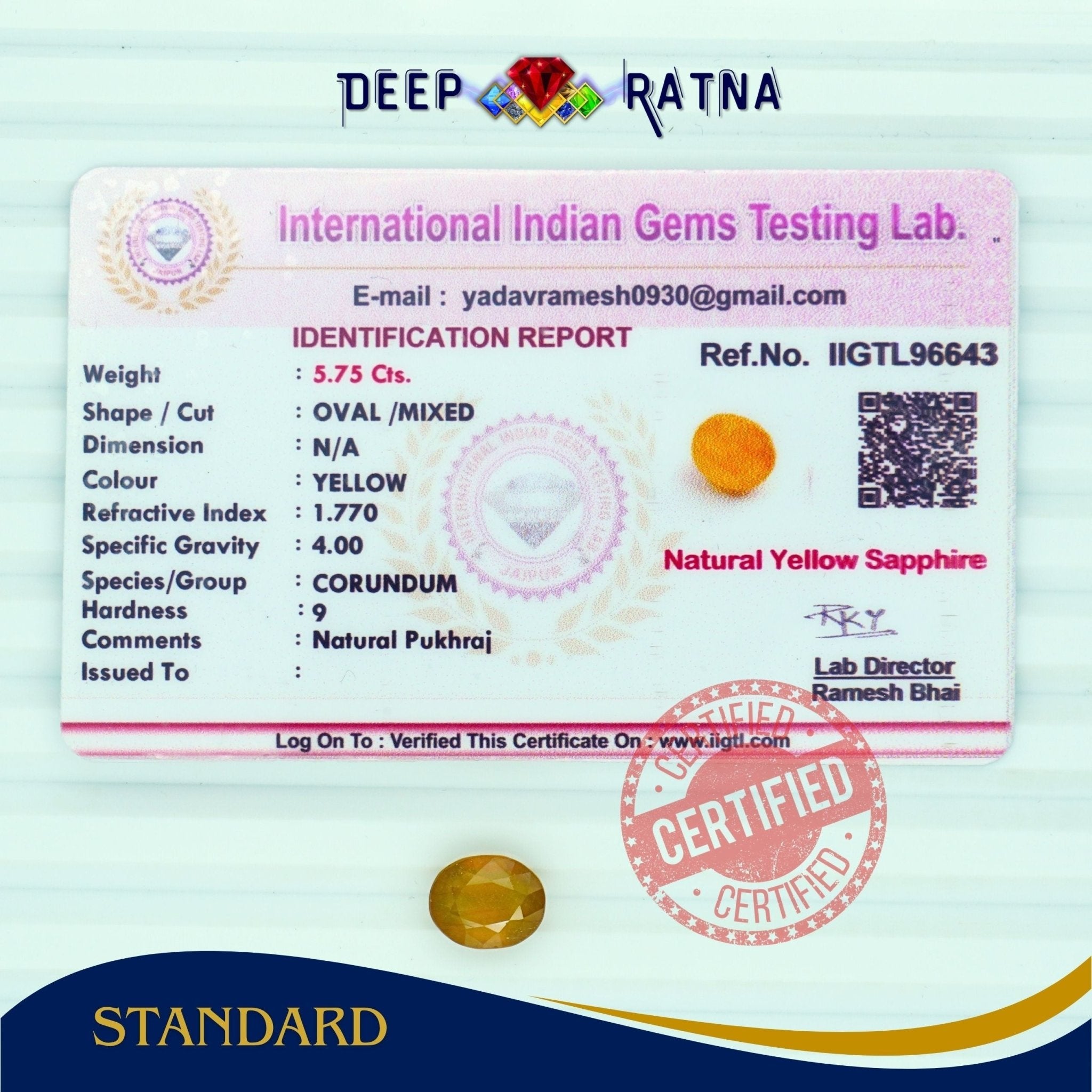Yellow Sapphire 5.75 Carat (Thailand) - Deep Ratna