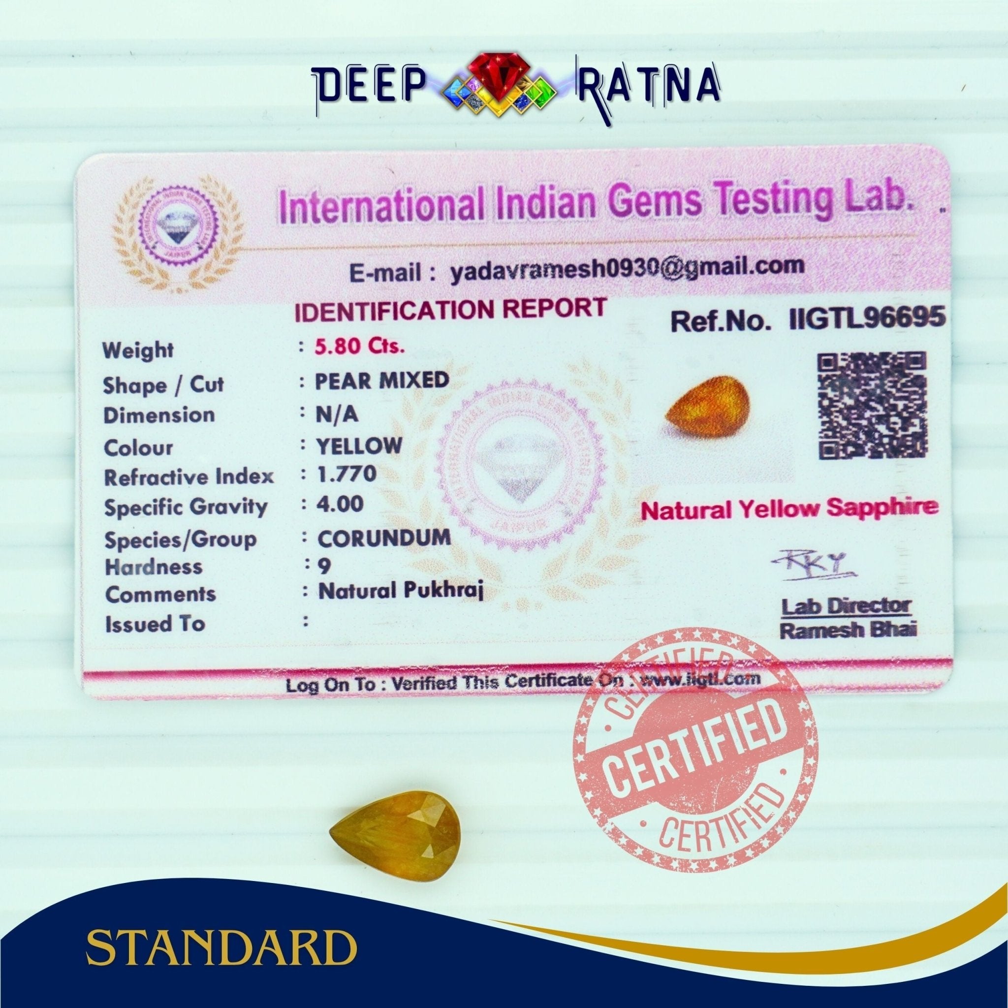 Yellow Sapphire 5.80 Carat (Thailand) - Deep Ratna
