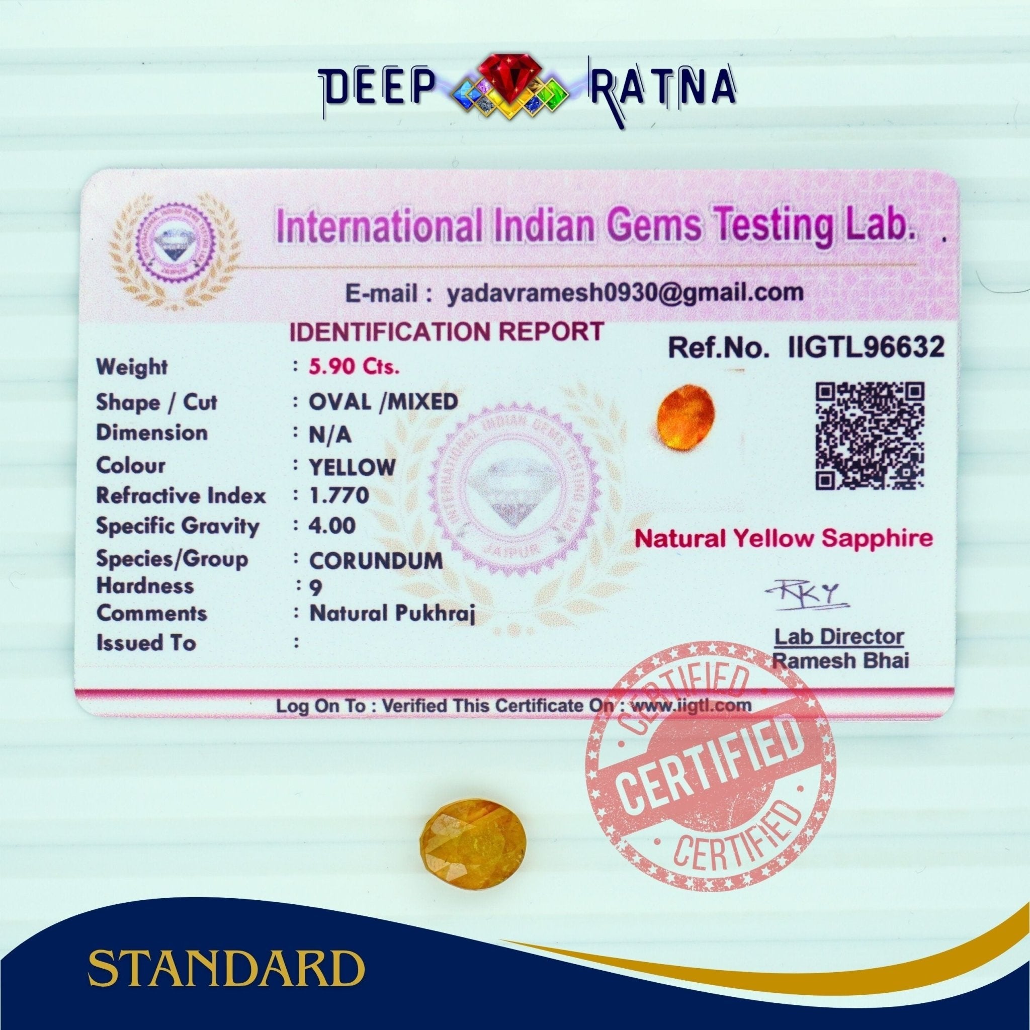 Yellow Sapphire 5.90 Carat (Thailand) - Deep Ratna