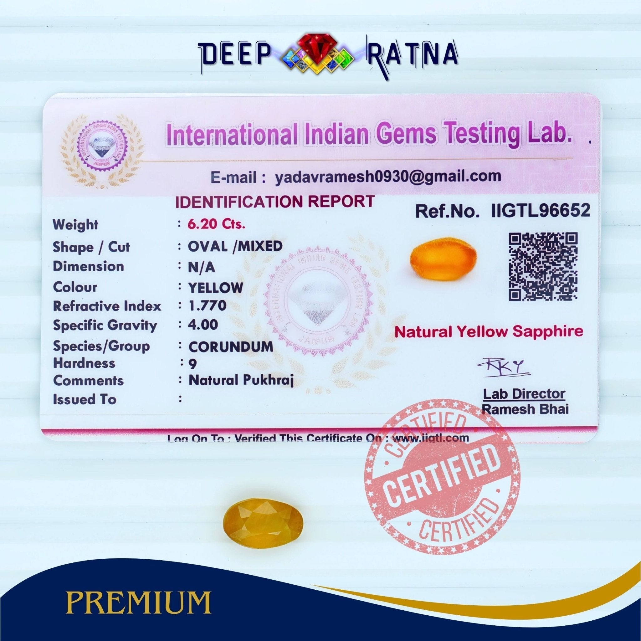 Yellow Sapphire 6.20 Carat (Thailand) - Deep Ratna