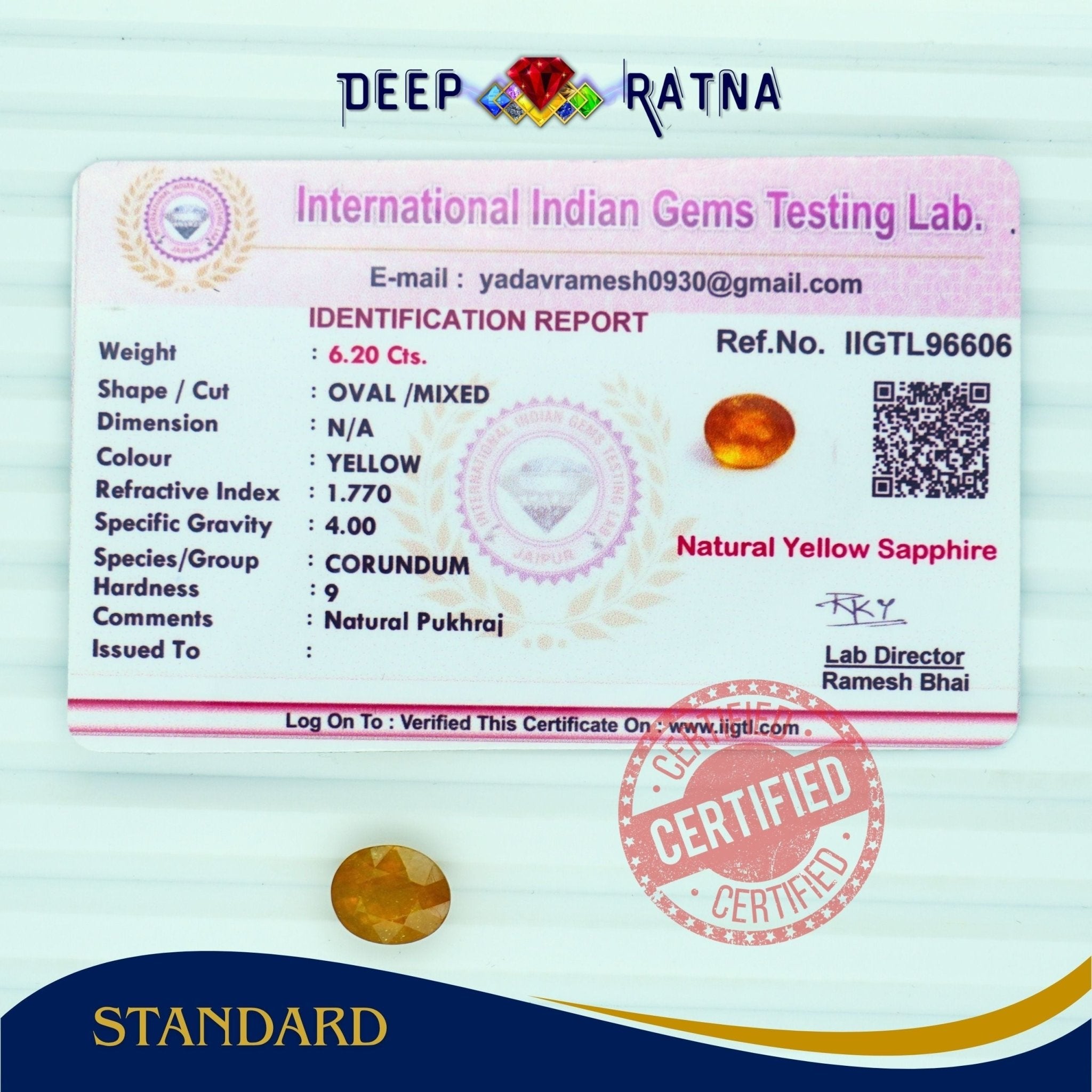 Yellow Sapphire 6.20 Carat (Thailand) - Deep Ratna