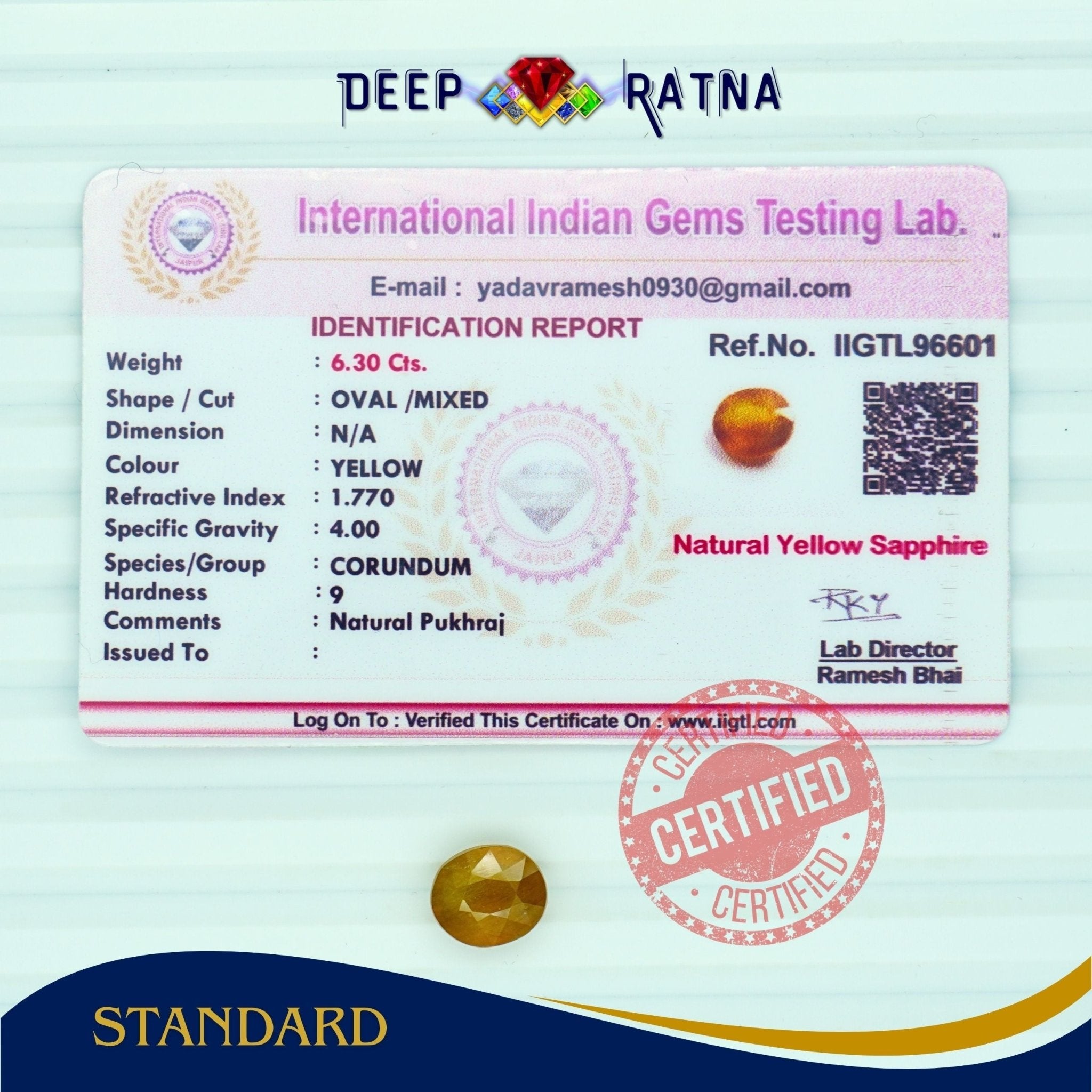 Yellow Sapphire 6.30 Carat (Thailand) - Deep Ratna
