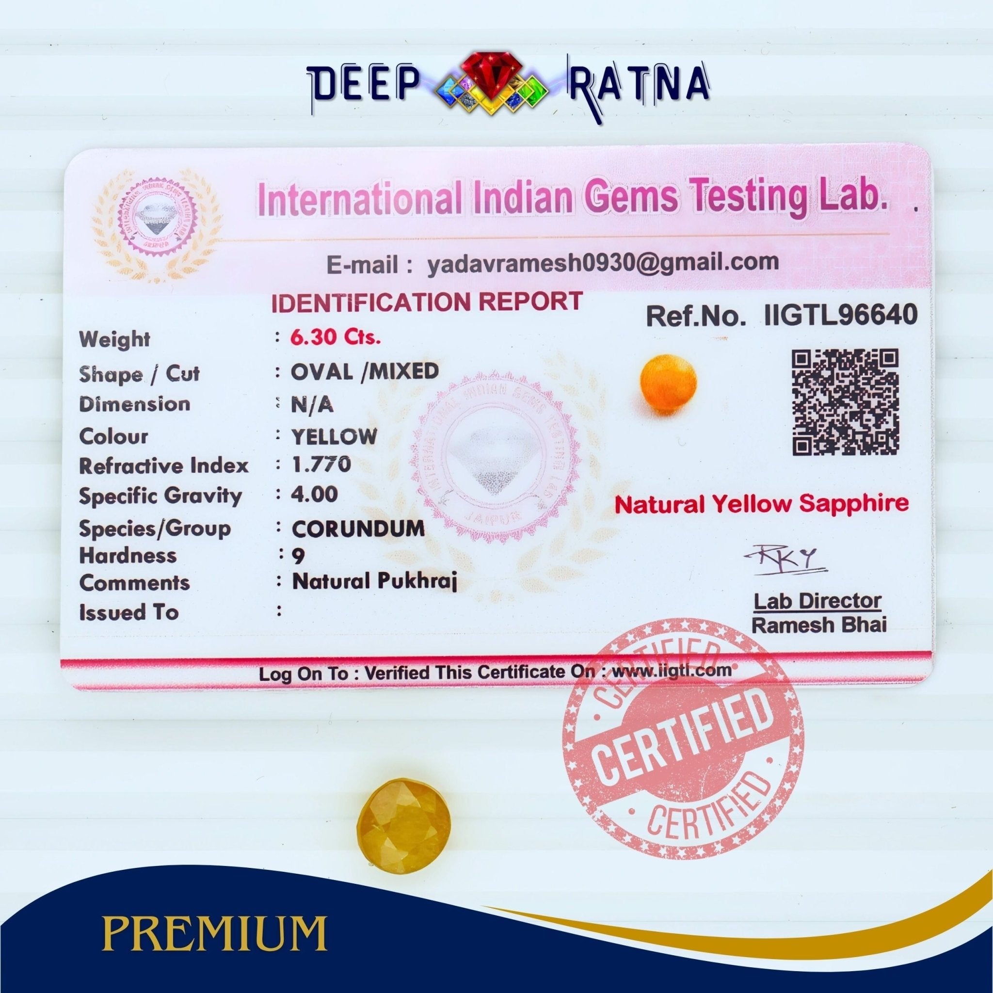 Yellow Sapphire 6.30 Carat (Thailand) - Deep Ratna