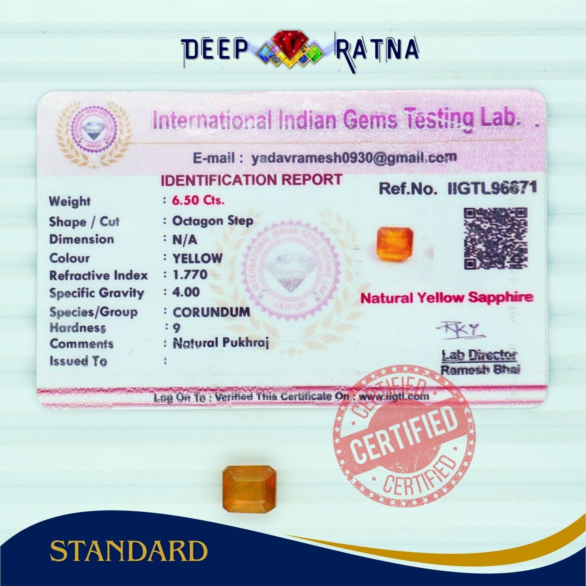 Yellow Sapphire 6.50 Carat (Thailand) - Deep Ratna