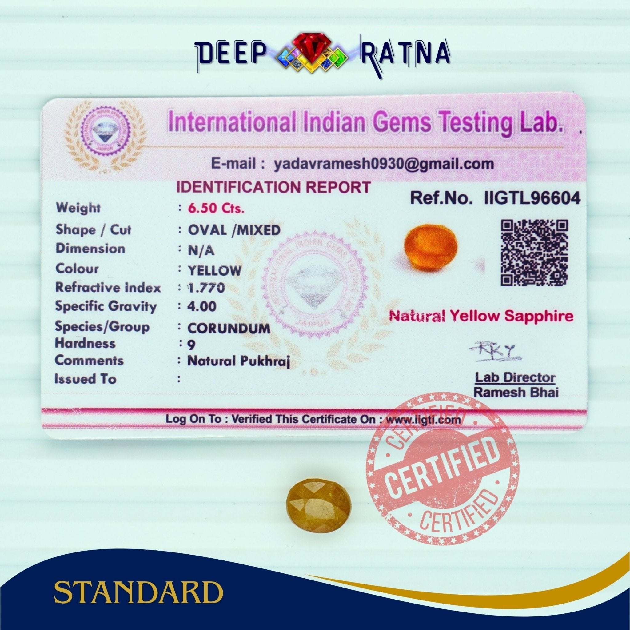 Yellow Sapphire 6.50 Carat (Thailand) - Deep Ratna