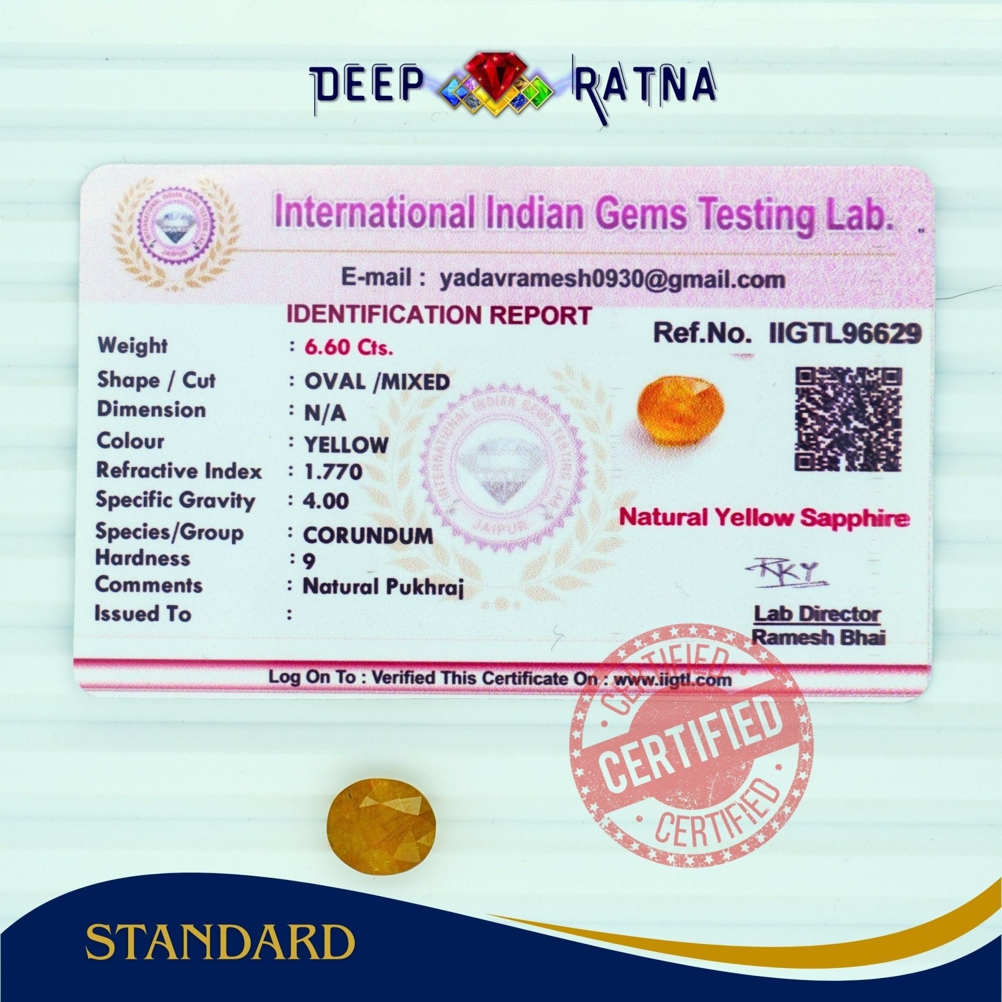 Yellow Sapphire 6.60 Carat (Thailand) - Deep Ratna