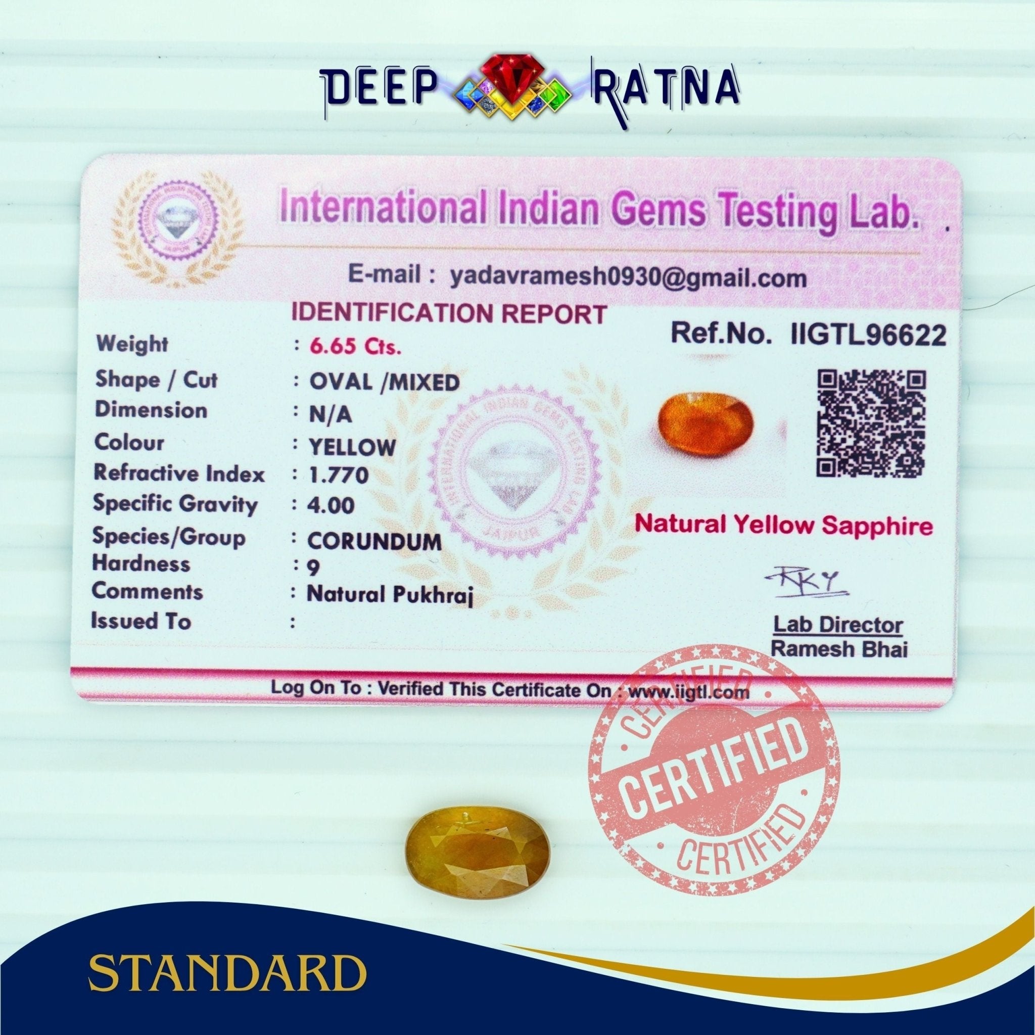 Yellow Sapphire 6.65 Carat (Thailand) - Deep Ratna