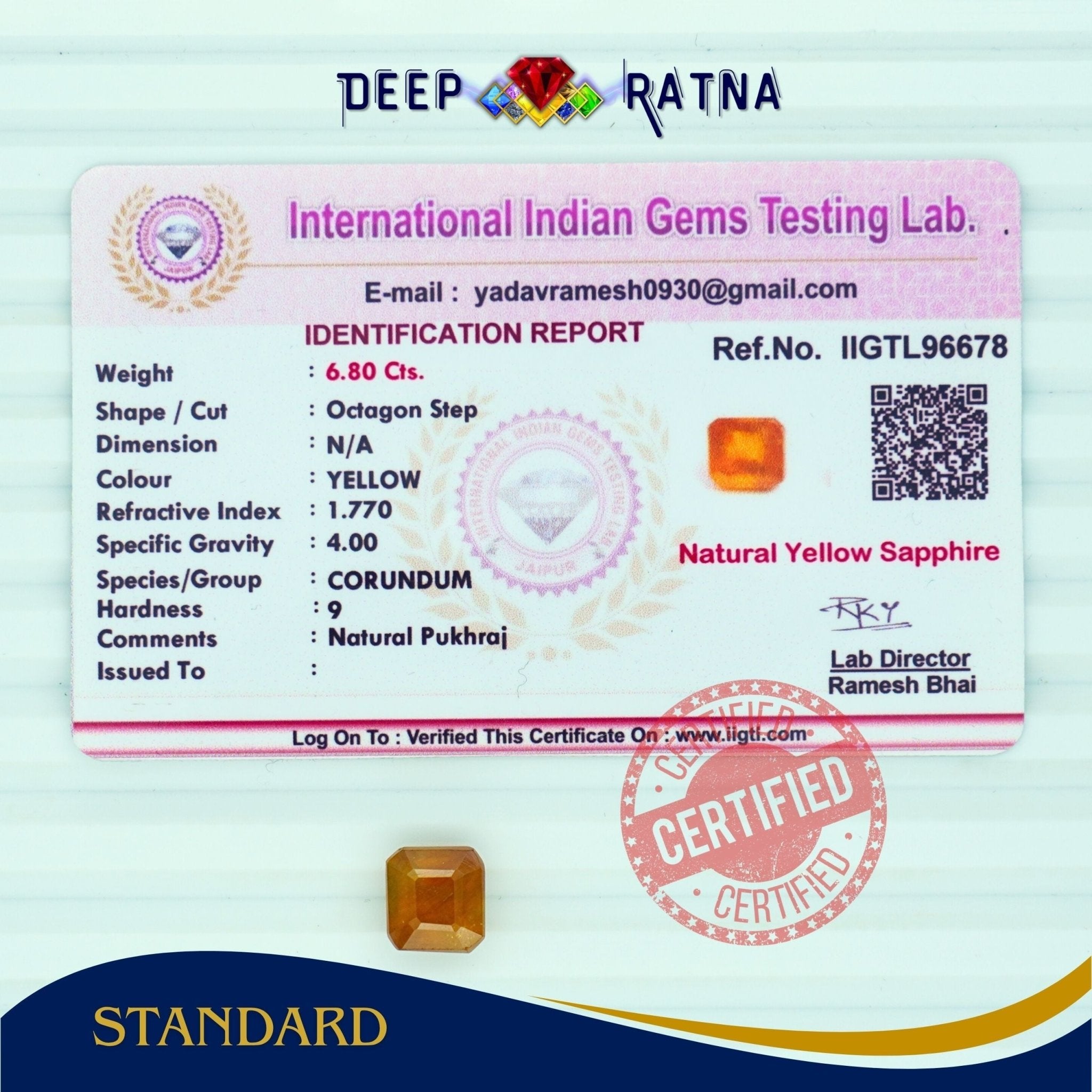 Yellow Sapphire 6.80 Carat (Thailand) - Deep Ratna
