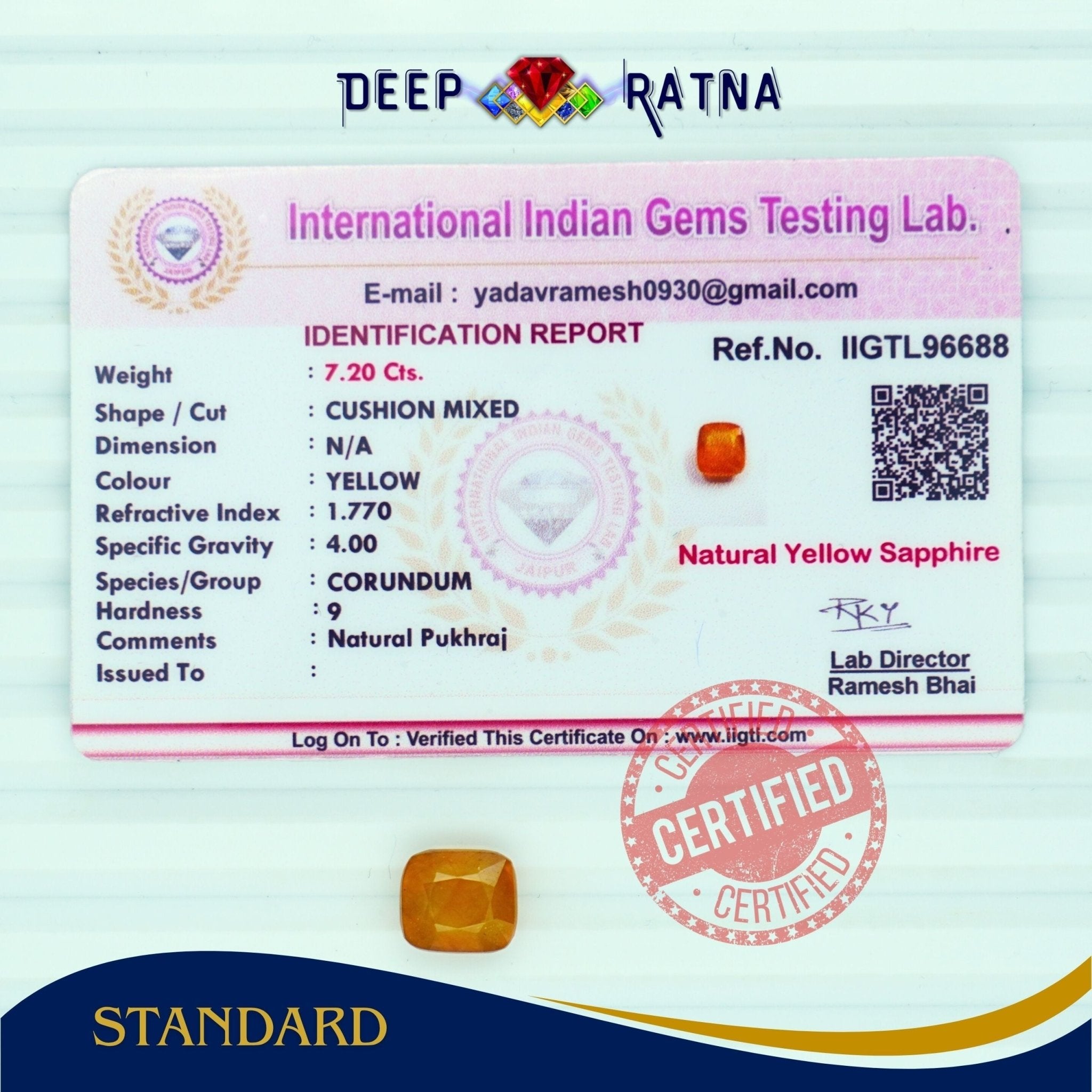Yellow Sapphire 7.20 Carat (Thailand) - Deep Ratna