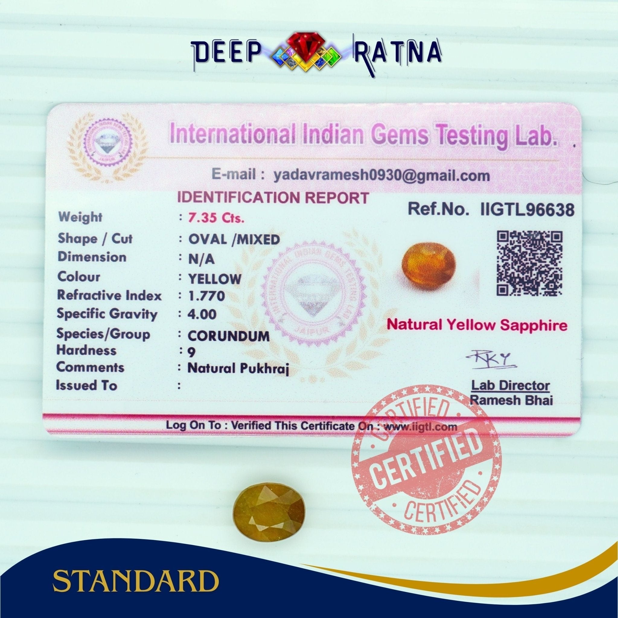 Yellow Sapphire 7.35 Carat (Thailand) - Deep Ratna