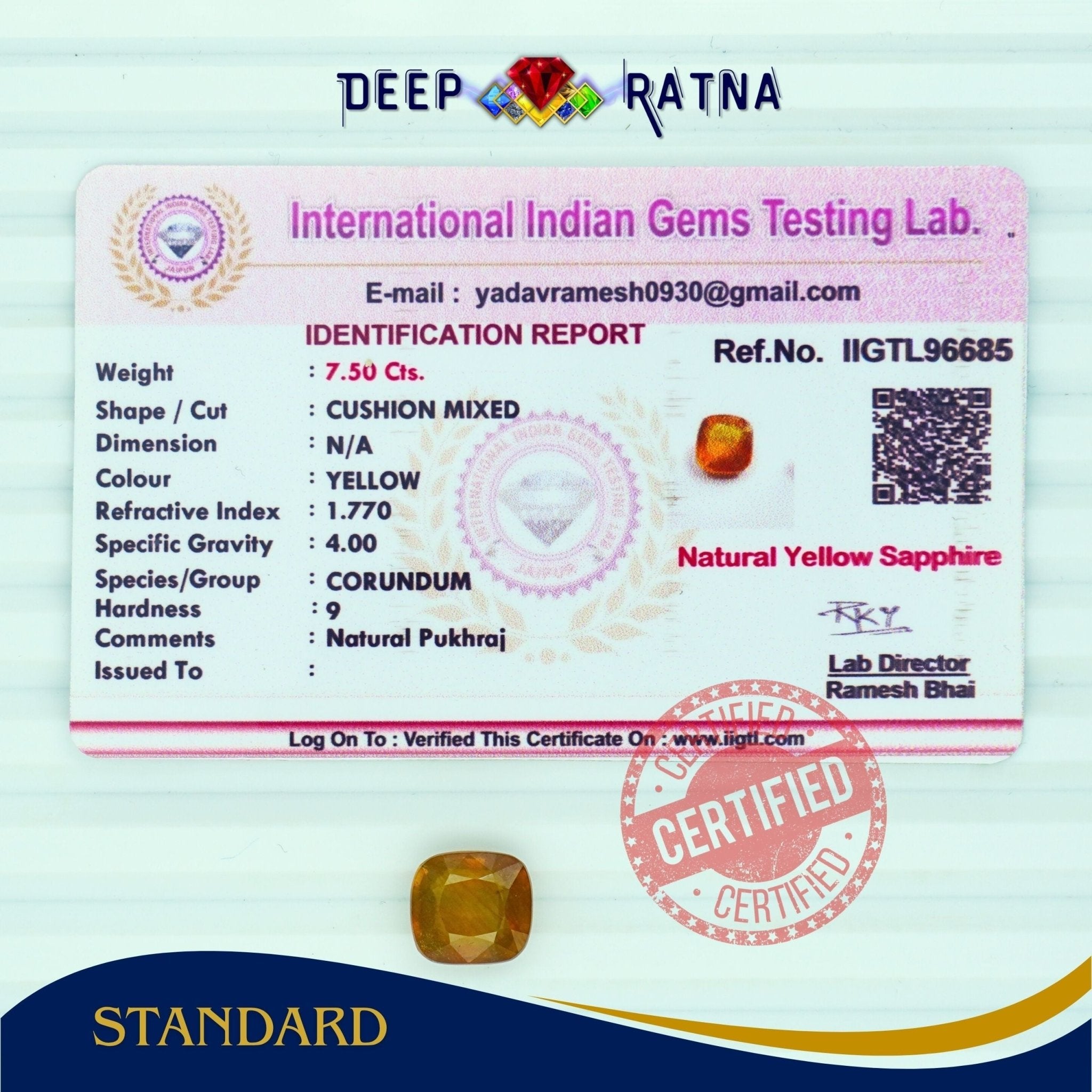 Yellow Sapphire 7.50 Carat (Thailand) - Deep Ratna